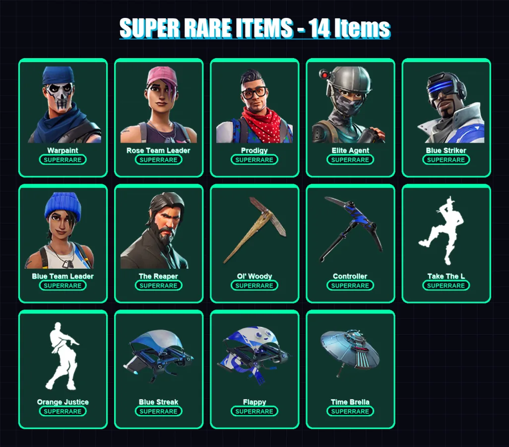 [PS4/PS5/XBOX/PC] | Warpaint | Rose Team Leader | Prodigy | Elite Agent | Blue Striker | 28 skin | 49 pickaxe | 46 emote | 48 glider | Lv641