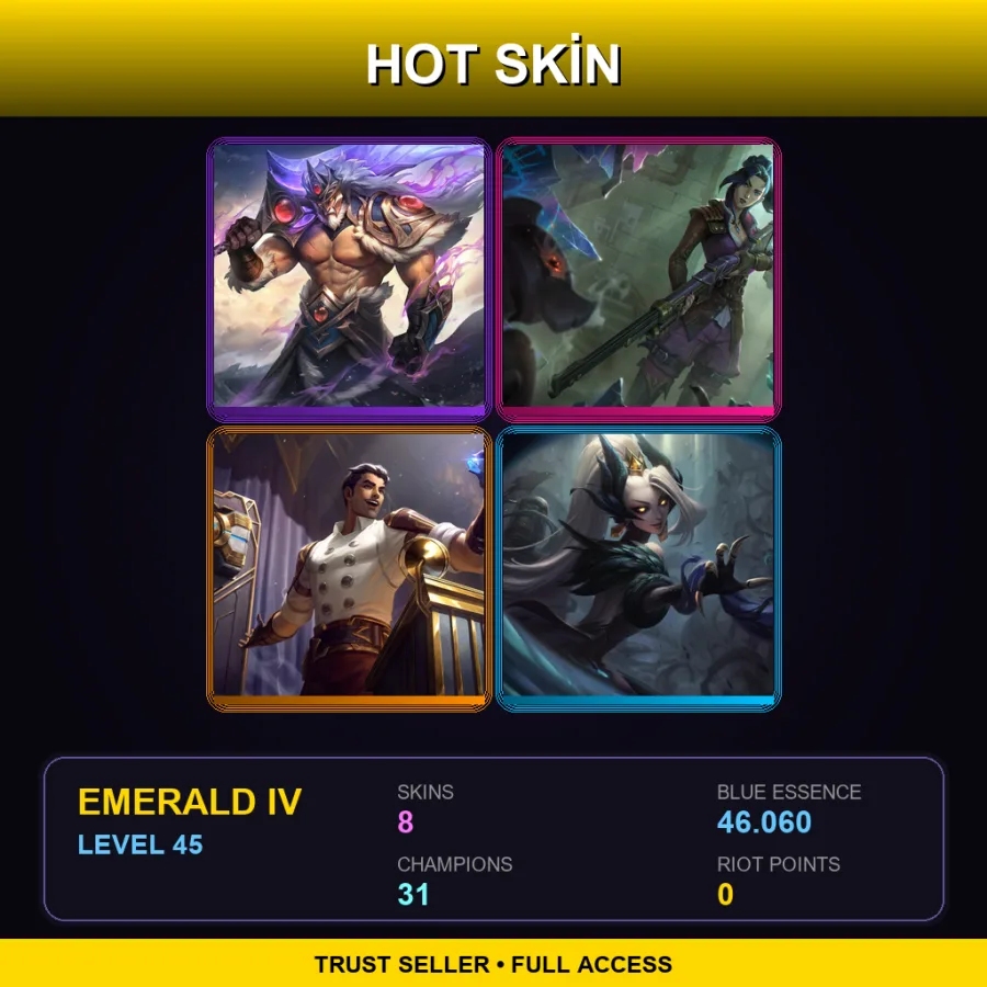 EUW | Lv45 | Emerald IV | 8 Skin | 31 Champ