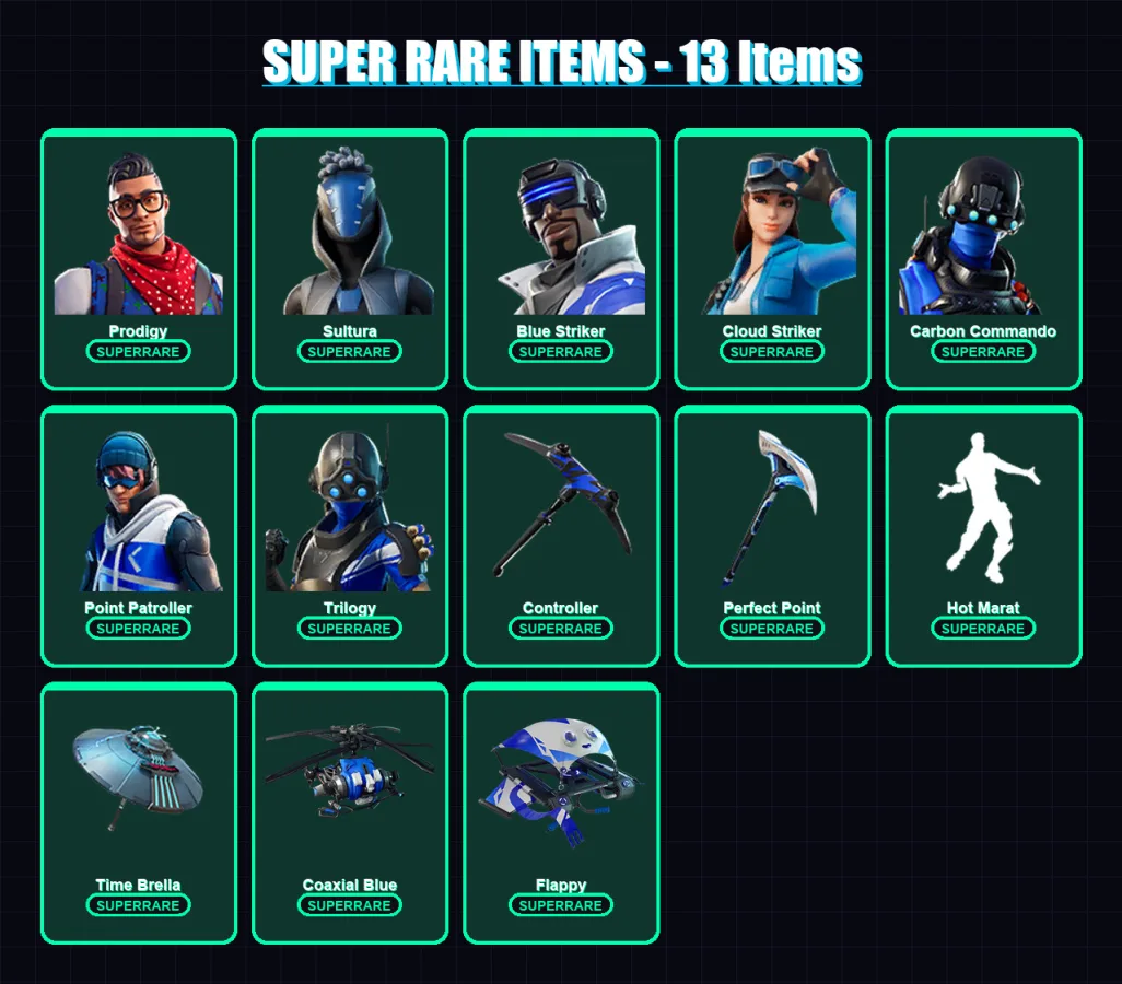 [PS4/PS5/XBOX/PC] | Prodigy | Sultura | Blue Striker | Cloud Striker | Carbon Commando | 65 skin | 86 pickaxe | 56 emote | 92 glider | Lv1063