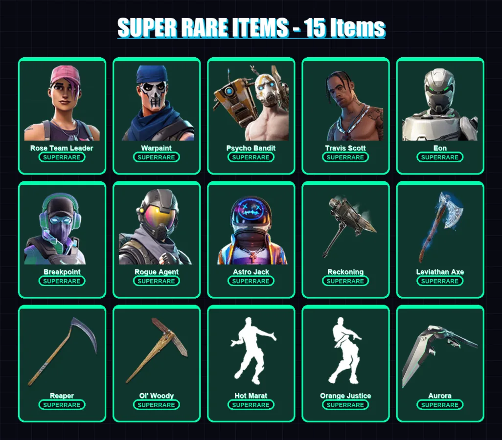 [PC/XBOX/PSN] | Rose Team Leader | Warpaint | Psycho Bandit | Travis Scott | Eon | 255 skin | 292 pickaxe | 240 emote | 205 glider | Lv4738