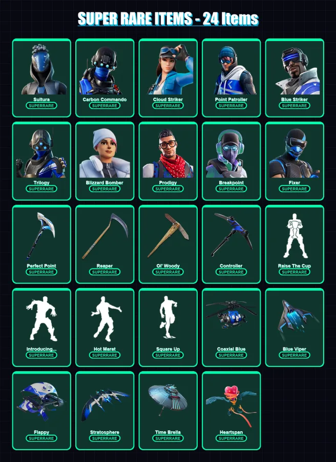 [PS4/PS5/PC] | Sultura | Carbon Commando | Cloud Striker | Point Patroller | Blue Striker | 347 skin | 386 pickaxe | 328 emote | 245 glider | Lv3764