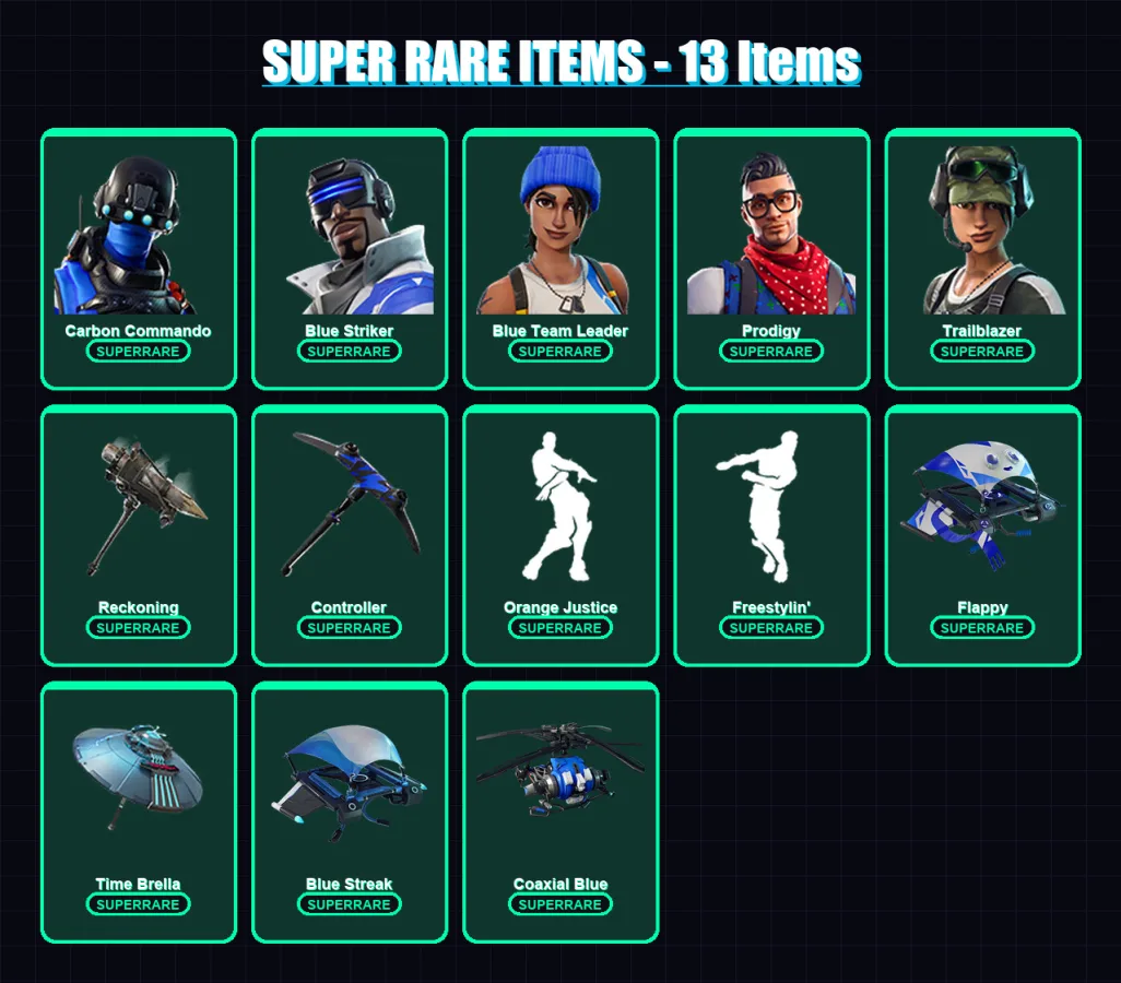 [PC] | Carbon Commando | Blue Striker | Blue Team Leader | Prodigy | Trailblazer | 48 skin | 50 pickaxe | 44 emote | 56 glider | Lv930