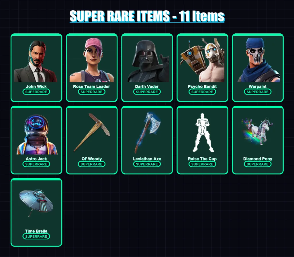 [PC] | John Wick | Rose Team Leader | Darth Vader | Psycho Bandit | Warpaint | 562 skin | 506 pickaxe | 424 emote | 274 glider | Lv3844