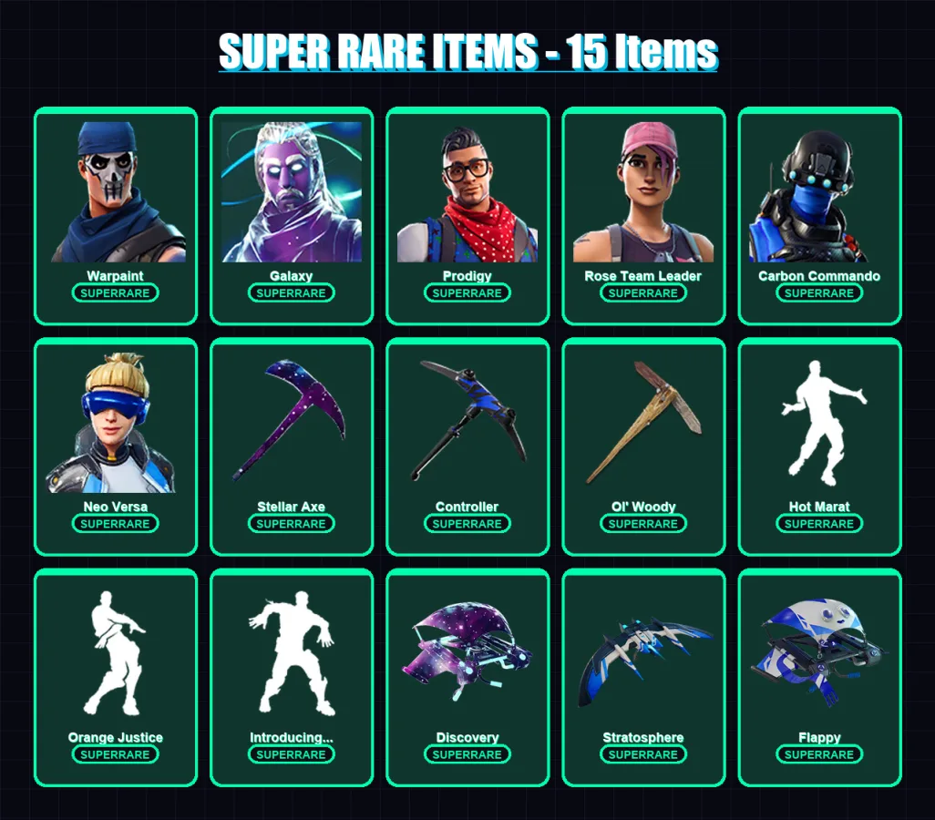 [PC] | Warpaint | Galaxy | Prodigy | Rose Team Leader | Carbon Commando | 75 skin | 99 pickaxe | 67 emote | 94 glider | Lv1318 — Game account