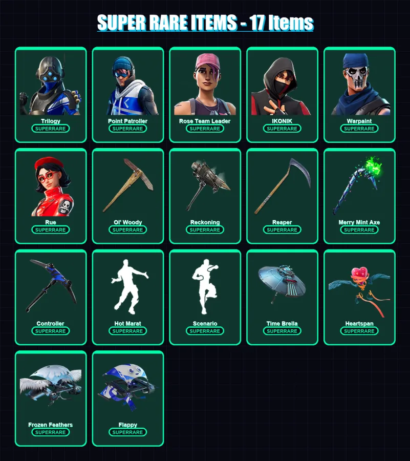 [PS4/PS5/XBOX/PC] | Trilogy | Point Patroller | Rose Team Leader | IKONIK | Warpaint | 156 skin | 185 pickaxe | 183 emote | 139 glider | Lv2063
