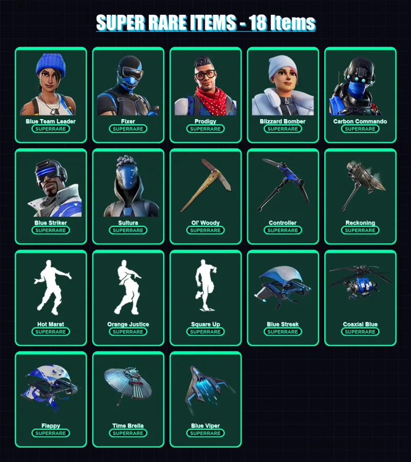 [PS4/PS5/XBOX/PC] | Blue Team Leader | Fixer | Prodigy | Blizzard Bomber | Carbon Commando | 121 skin | 178 pickaxe | 147 emote | 161 glider | Lv273