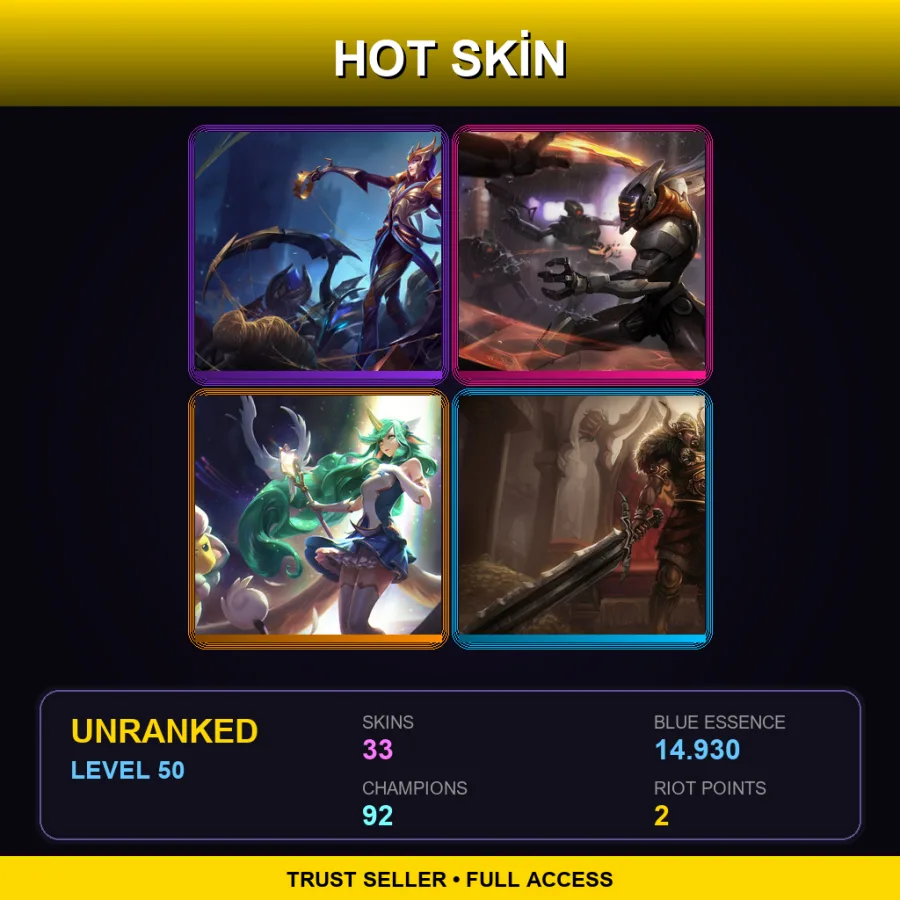 EUW | Lv50 | Unranked | 33 Skin | 92 Champ — LoL account