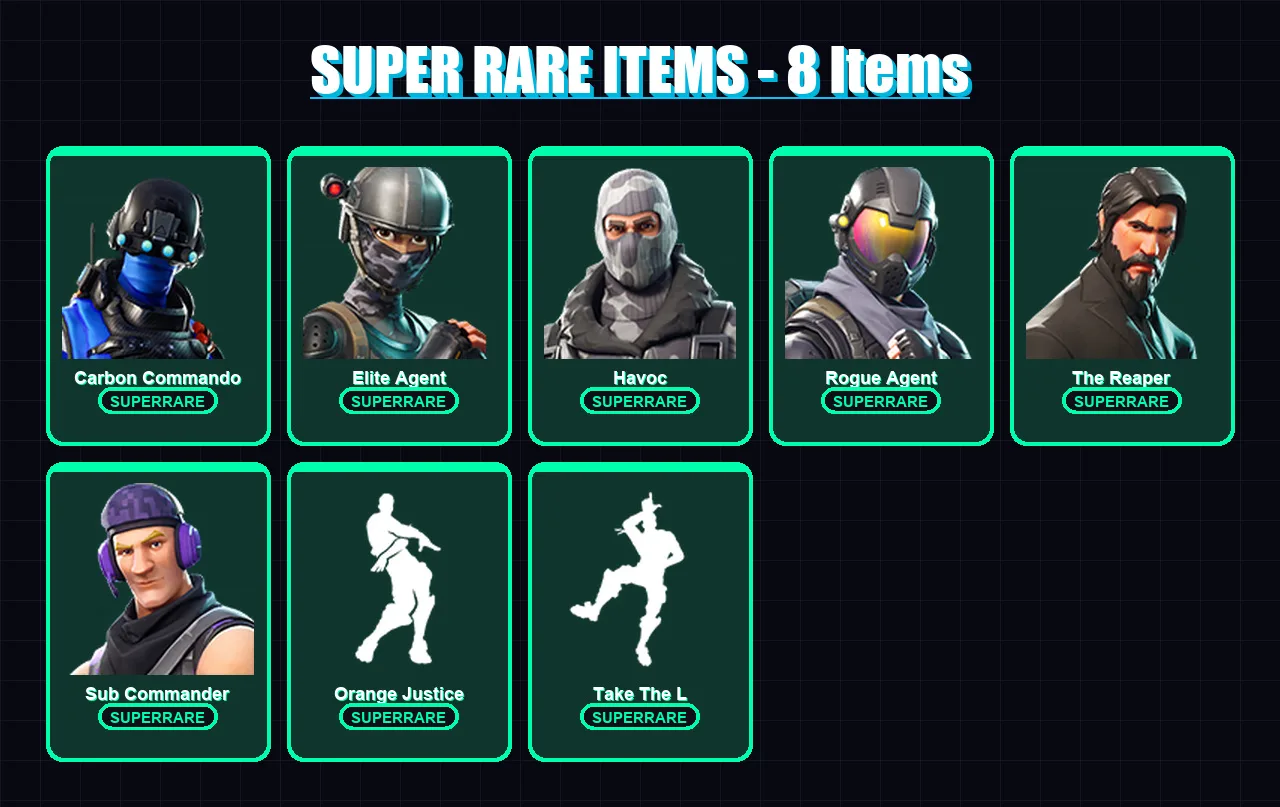 [PS4/PS5/XBOX/PC] | Carbon Commando | Elite Agent | Havoc | Rogue Agent | The Reaper | 43 skin | 49 pickaxe | 44 emote | 51 glider | Lv928