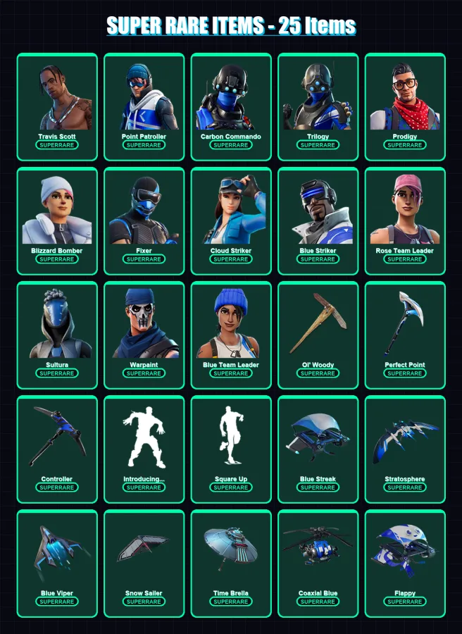 [PC] | Travis Scott | Point Patroller | Carbon Commando | Trilogy | Prodigy | 108 skin | 113 pickaxe | 104 emote | 102 glider | Lv1262 — Fortnite account