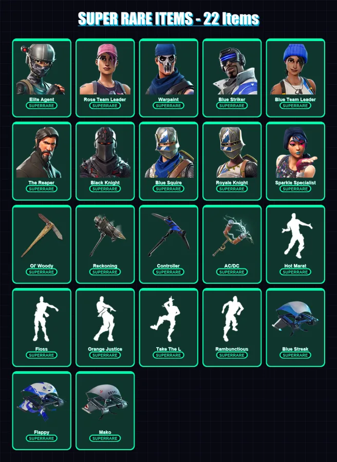 [PS4/PS5/XBOX/PC] | Elite Agent | Rose Team Leader | Warpaint | Blue Striker | Blue Team Leader | 52 skin | 32 pickaxe | 50 emote | 43 glider | Lv52