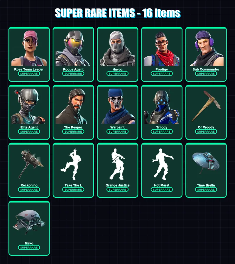 [SWITCH/XBOX/PC] | Rose Team Leader | Rogue Agent | Havoc | Prodigy | Sub Commander | 71 skin | 72 pickaxe | 55 emote | 71 glider | Lv1043