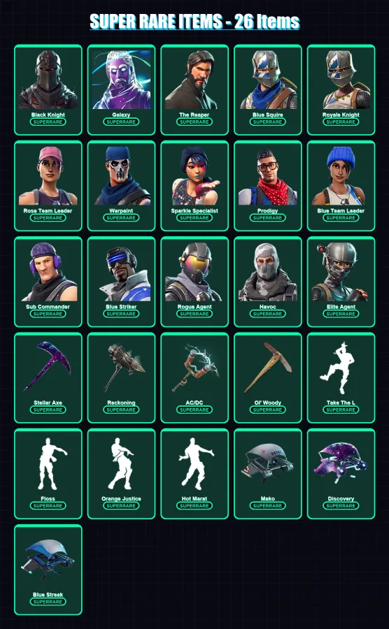 [PS4/PS5/XBOX/PC] | Black Knight | Galaxy | The Reaper | Blue Squire | Royale Knight | 81 skin | 53 pickaxe | 65 emote | 62 glider | Lv827