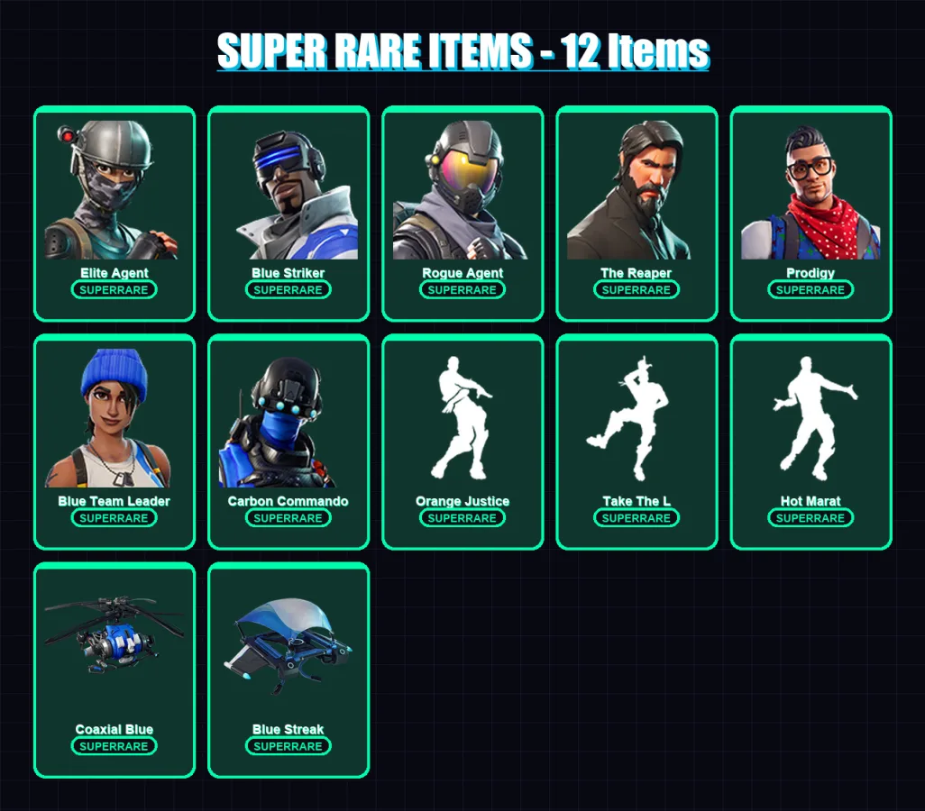 [PS4/PS5/XBOX/PC] | Elite Agent | Blue Striker | Rogue Agent | The Reaper | Prodigy | 100 skin | 60 pickaxe | 48 emote | 43 glider | Lv552