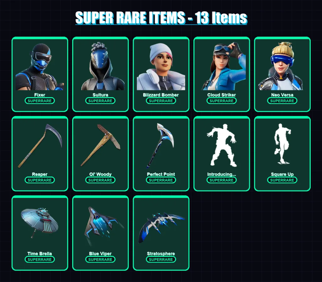 [PS4/PS5/XBOX/PC] | Fixer | Sultura | Blizzard Bomber | Cloud Striker | Neo Versa | 146 skin | 201 pickaxe | 150 emote | 140 glider | Lv2428