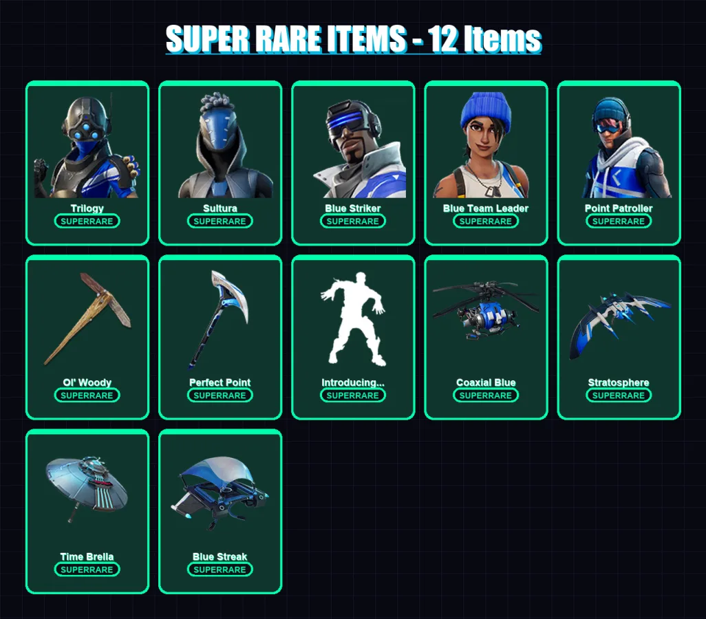 [SWITCH/XBOX/PC] | Trilogy | Sultura | Blue Striker | Blue Team Leader | Point Patroller | 79 skin | 92 pickaxe | 69 emote | 91 glider | Lv1330