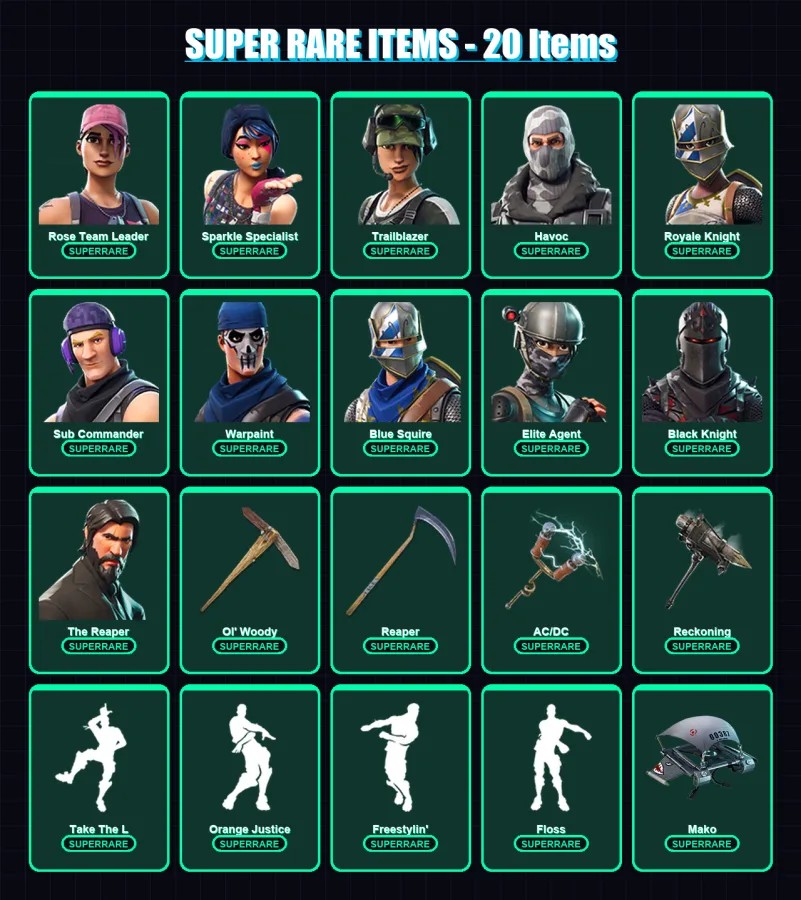 [PC/XBOX/PSN] | Rose Team Leader | Sparkle Specialist | Trailblazer | Havoc | Royale Knight | 72 skin | 58 pickaxe | 47 emote | 55 glider | Lv747