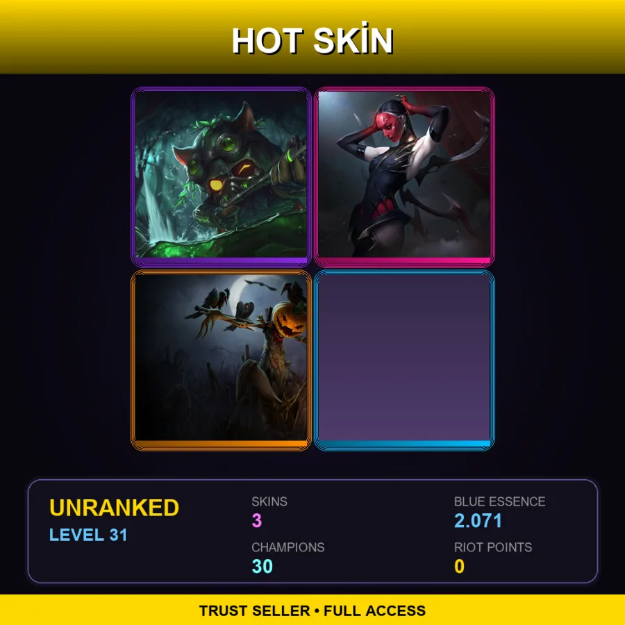 LAS | Omega Squad Teemo | Masque of the Black Rose Elise | Pumpkinhead Fiddlesticks | 3 Skin | 30 Champ | Lv31