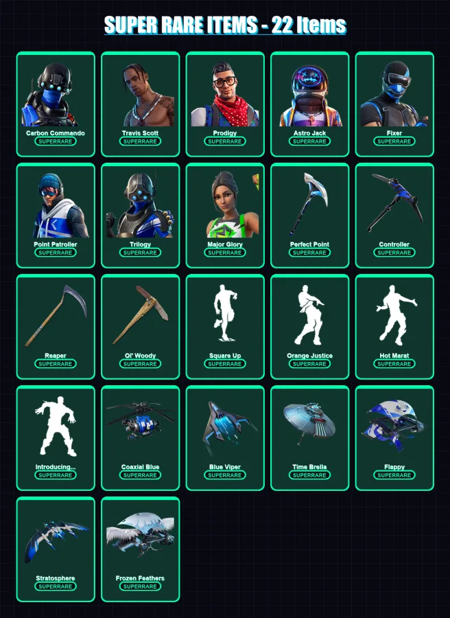 [PS4/PS5/XBOX/PC] | Carbon Commando | Travis Scott | Prodigy | Astro Jack | Fixer | 252 skin | 243 pickaxe | 188 emote | 199 glider | Lv2826