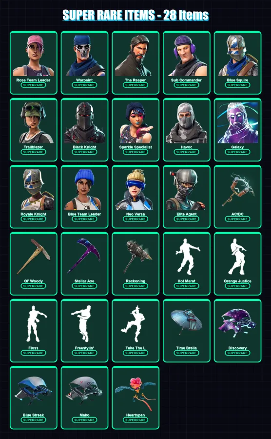 [PS4/PS5/PC] | Rose Team Leader | Warpaint | The Reaper | Sub Commander | Blue Squire | 84 skin | 53 pickaxe | 69 emote | 72 glider | Lv853