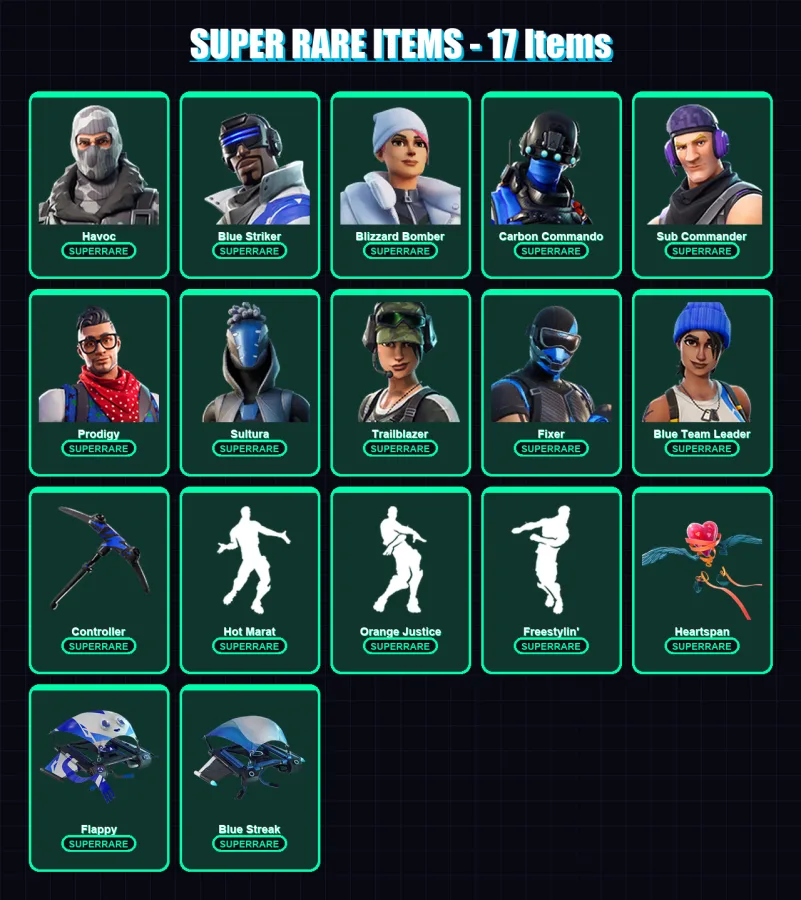 [PS4/PS5/XBOX/PC] | Havoc | Blue Striker | Blizzard Bomber | Carbon Commando | Sub Commander | 39 skin | 41 pickaxe | 52 emote | 51 glider | Lv716 — Fortnite account