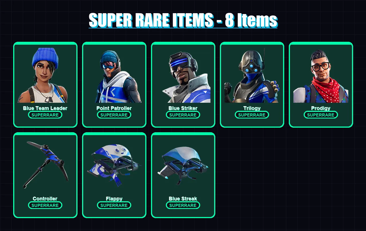 [PC/XBOX] | Blue Team Leader | Point Patroller | Blue Striker | Trilogy | Prodigy | 5 skin | 7 pickaxe | 8 emote | 14 glider | Lv226
