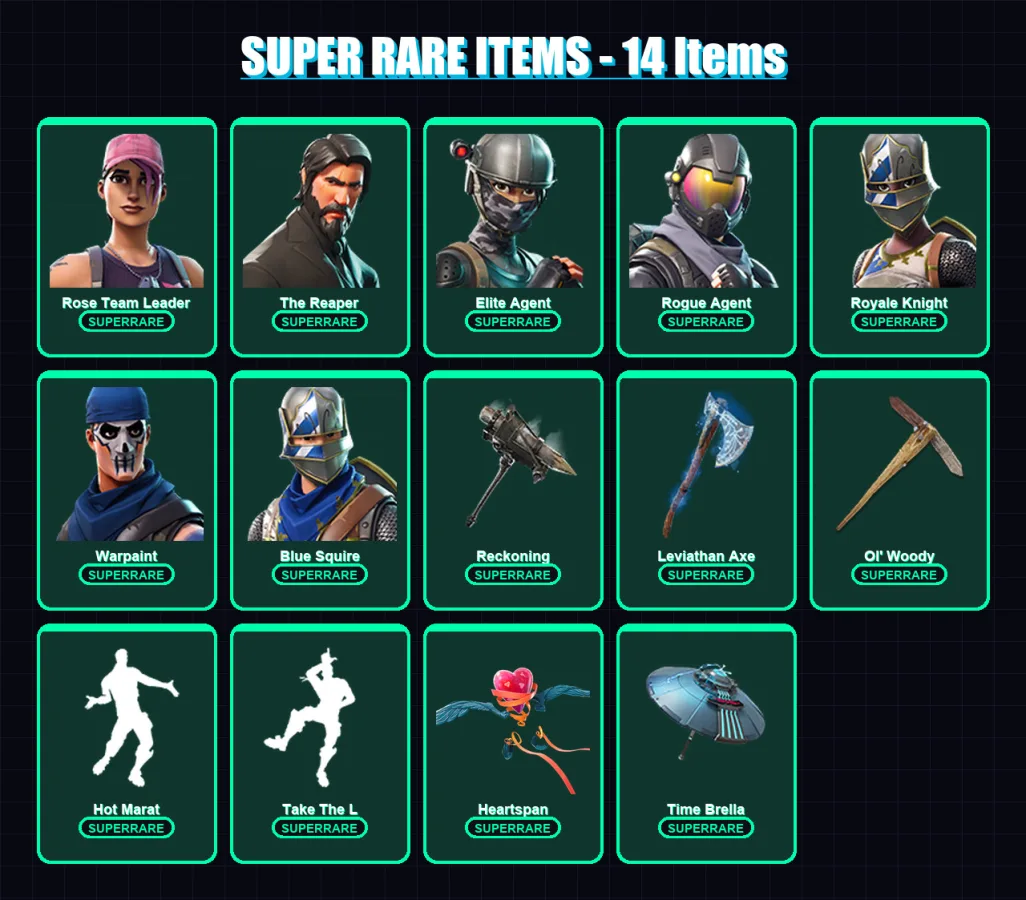 [PC/PSN] | Rose Team Leader | The Reaper | Elite Agent | Rogue Agent | Royale Knight | 168 skin | 191 pickaxe | 134 emote | 166 glider | Lv2293