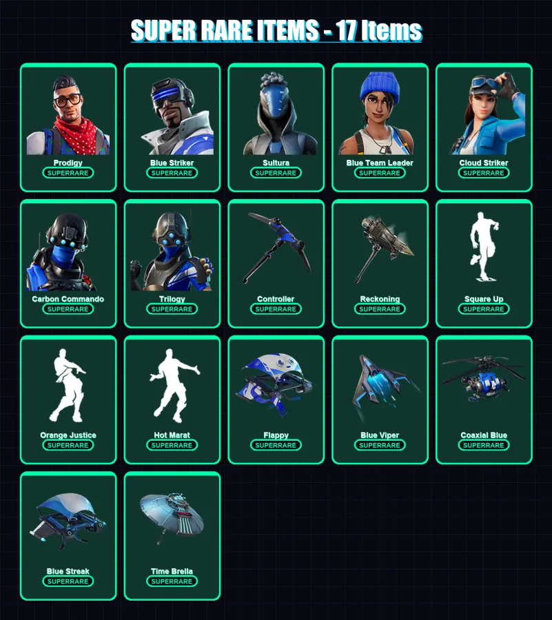 [PC/XBOX] | Prodigy | Blue Striker | Sultura | Blue Team Leader | Cloud Striker | 91 skin | 89 pickaxe | 64 emote | 81 glider | Lv1120