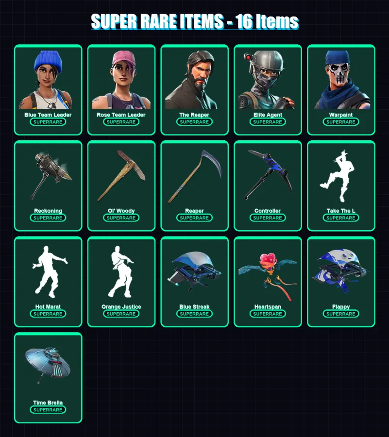 [PC/XBOX] | Blue Team Leader | Rose Team Leader | The Reaper | Elite Agent | Warpaint | 88 skin | 72 pickaxe | 97 emote | 84 glider | Lv1399 — Fortnite account