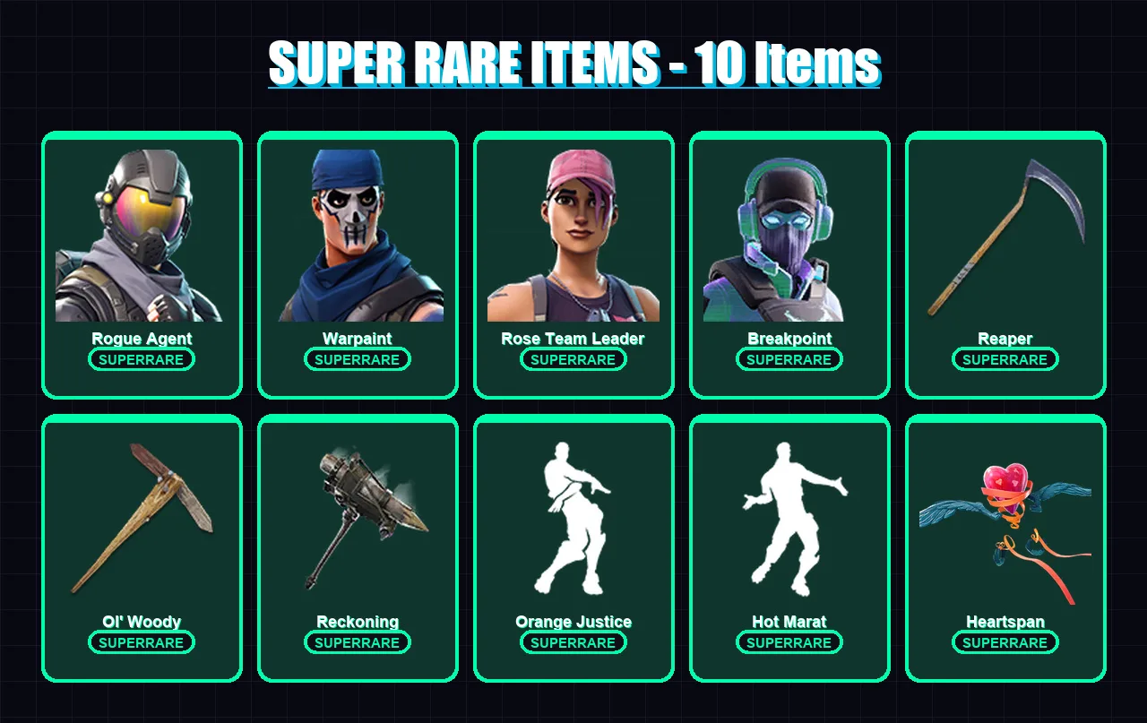 [PC/XBOX/PSN] | Rogue Agent | Warpaint | Rose Team Leader | Breakpoint | Ultima Knight | 113 skin | 50 pickaxe | 76 emote | 57 glider | Lv655