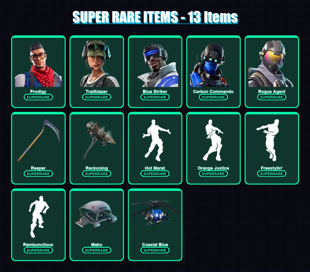 [PS4/PS5/XBOX/PC] | Prodigy | Trailblazer | Blue Striker | Carbon Commando | Rogue Agent | 70 skin | 81 pickaxe | 92 emote | 87 glider | Lv1521