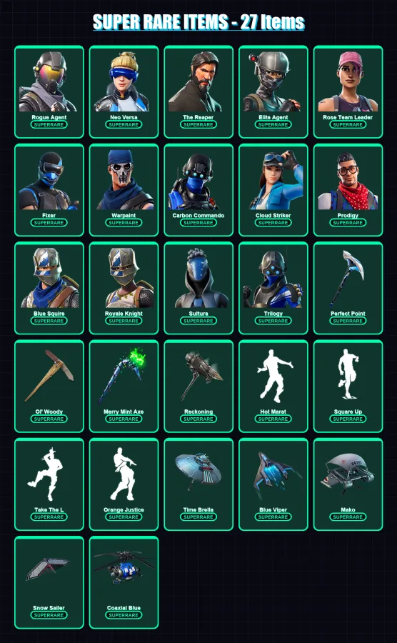 [PS4/PS5/XBOX/PC] | Rogue Agent | Neo Versa | The Reaper | Elite Agent | Rose Team Leader | 114 skin | 129 pickaxe | 108 emote | 128 glider | Lv1731