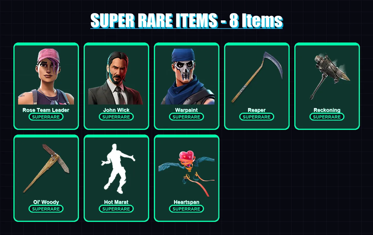 [PC] | Rose Team Leader | John Wick | Warpaint | Fallen Love Ranger | Singularity | 115 skin | 82 pickaxe | 105 emote | 83 glider | Lv1080