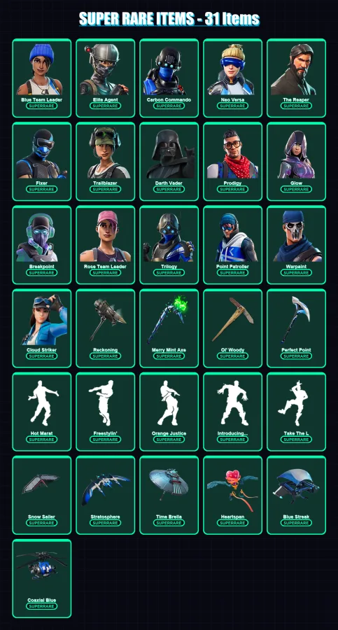 [PC/XBOX] | Blue Team Leader | Elite Agent | Carbon Commando | Neo Versa | The Reaper | 314 skin | 236 pickaxe | 251 emote | 195 glider | Lv2913