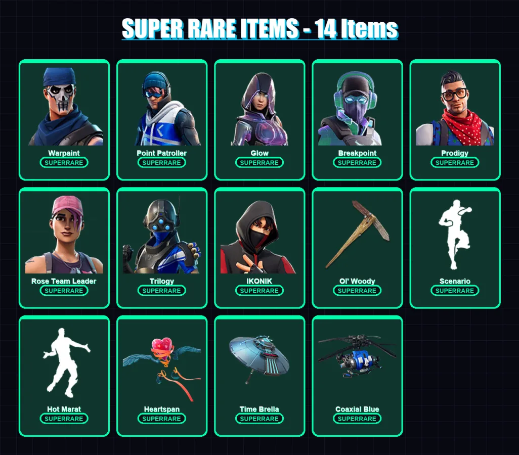[PS4/PS5/XBOX/PC] | Warpaint | Point Patroller | Glow | Breakpoint | Prodigy | 125 skin | 100 pickaxe | 148 emote | 94 glider | Lv1403