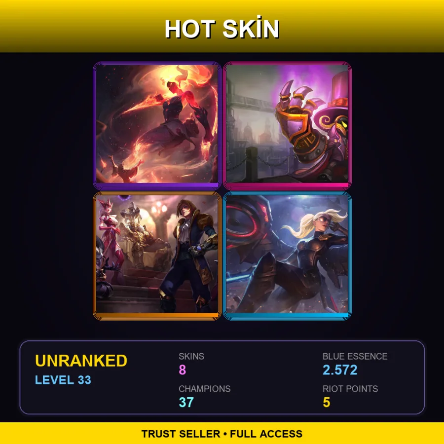 EUNE | Infernal Akali | Superb Villain Veigar | Jack of Hearts Twisted Fate | Riot Kayle | 8 Skin | 37 Champ | Lv33
