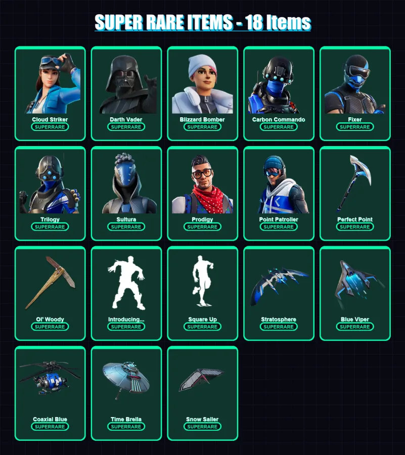 [PS4/PS5/XBOX/PC] | Cloud Striker | Darth Vader | Blizzard Bomber | Carbon Commando | Fixer | 194 skin | 251 pickaxe | 177 emote | 195 glider | Lv28