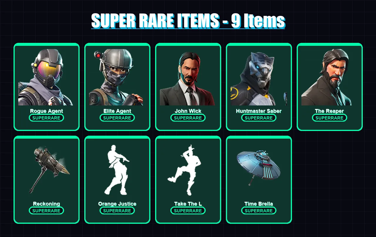 [PC] | Rogue Agent | Elite Agent | John Wick | Huntmaster Saber | The Reaper | 101 skin | 82 pickaxe | 118 emote | 87 glider | Lv1316