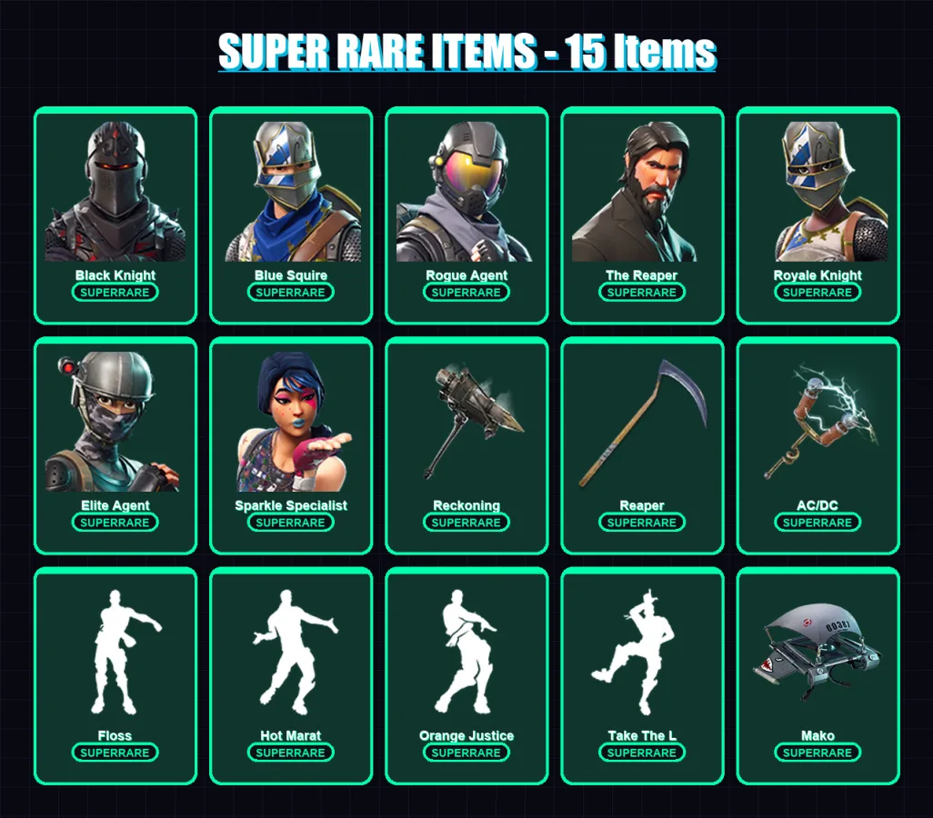 [PS4/PS5/XBOX/PC] | Black Knight | Blue Squire | Rogue Agent | The Reaper | Royale Knight | 48 skin | 28 pickaxe | 40 emote | 26 glider | Lv426