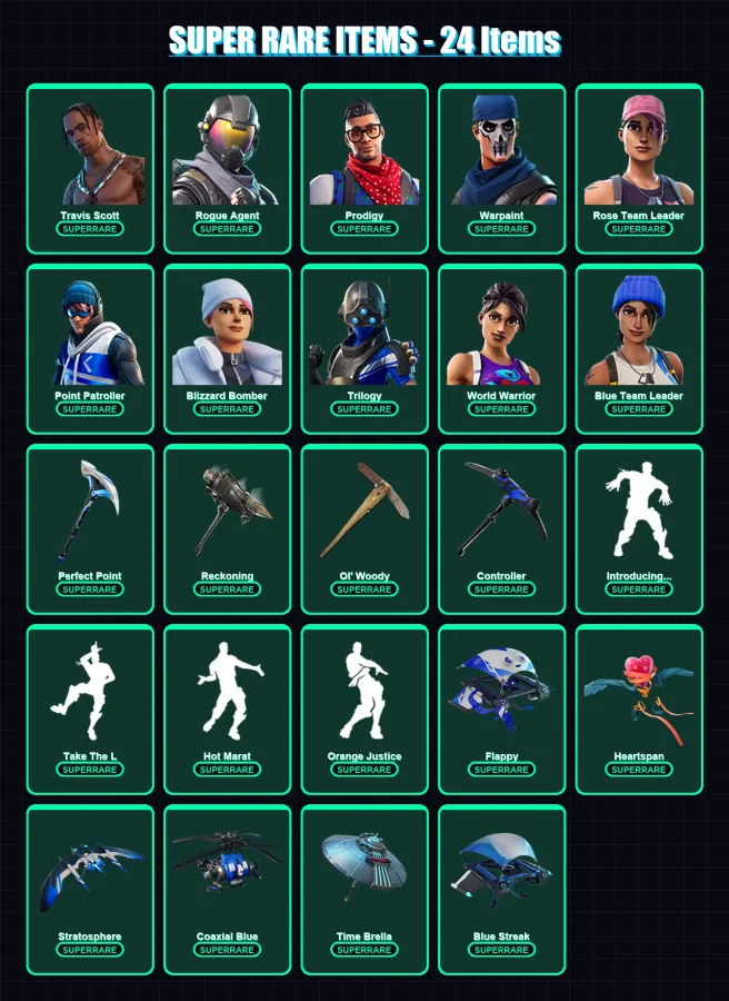 [PS4/PS5/XBOX/PC] | Travis Scott | Rogue Agent | Prodigy | Warpaint | Rose Team Leader | 220 skin | 244 pickaxe | 224 emote | 220 glider | Lv2660