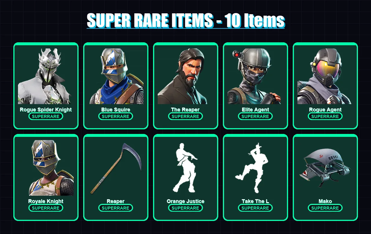 [PS4/PS5/XBOX/PC] | Rogue Spider Knight | Blue Squire | The Reaper | Elite Agent | Rogue Agent | 68 skin | 87 pickaxe | 66 emote | 74 glider | Lv115