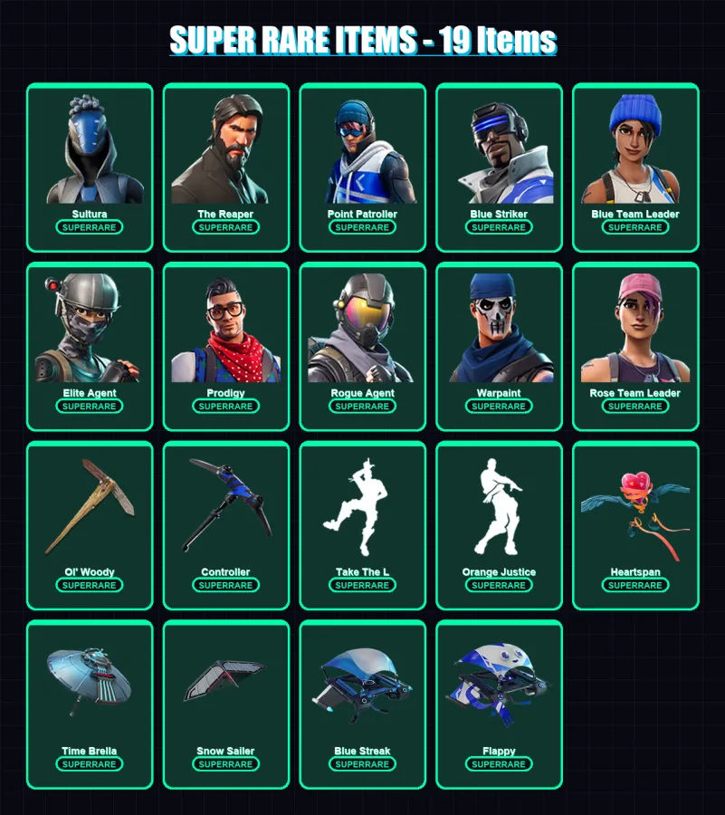 [PS4/PS5/XBOX/PC] | Sultura | The Reaper | Point Patroller | Blue Striker | Blue Team Leader | 100 skin | 98 pickaxe | 106 emote | 98 glider | Lv165