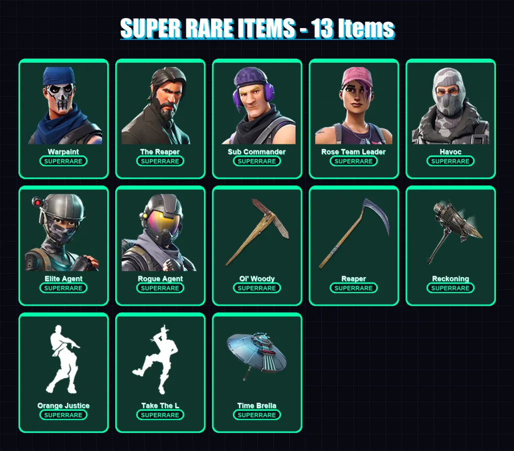 [PC/XBOX/PSN] | Warpaint | The Reaper | Sub Commander | Rose Team Leader | Havoc | 98 skin | 74 pickaxe | 71 emote | 69 glider | Lv941