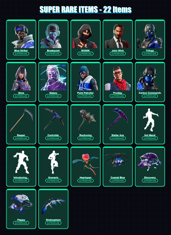[PS4/PS5/XBOX/PC] | Blue Striker | Breakpoint | IKONIK | John Wick | Trilogy | 139 skin | 96 pickaxe | 93 emote | 88 glider | Lv916