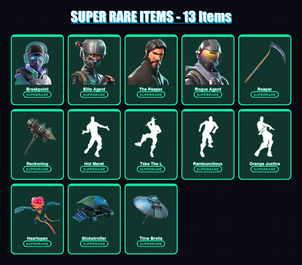 [PC/XBOX/PSN] | Breakpoint | Elite Agent | The Reaper | Rogue Agent | Drift | 122 skin | 66 pickaxe | 98 emote | 70 glider | Lv1206