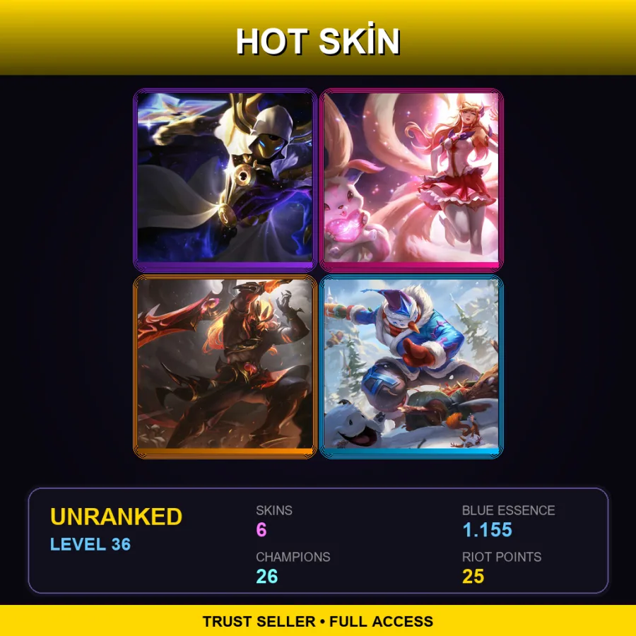 LAN | Cosmic Reaver Kassadin | Star Guardian Ahri | Nightbringer Tryndamere | Snow Man Yi | 6 Skin | 26 Champ | Lv36
