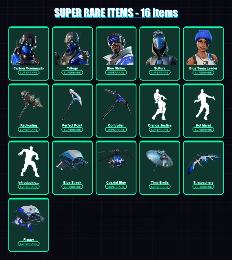 [PS4/PS5/XBOX/PC] | Carbon Commando | Trilogy | Blue Striker | Sultura | Blue Team Leader | 67 skin | 64 pickaxe | 54 emote | 66 glider | Lv1009 — Fortnite account