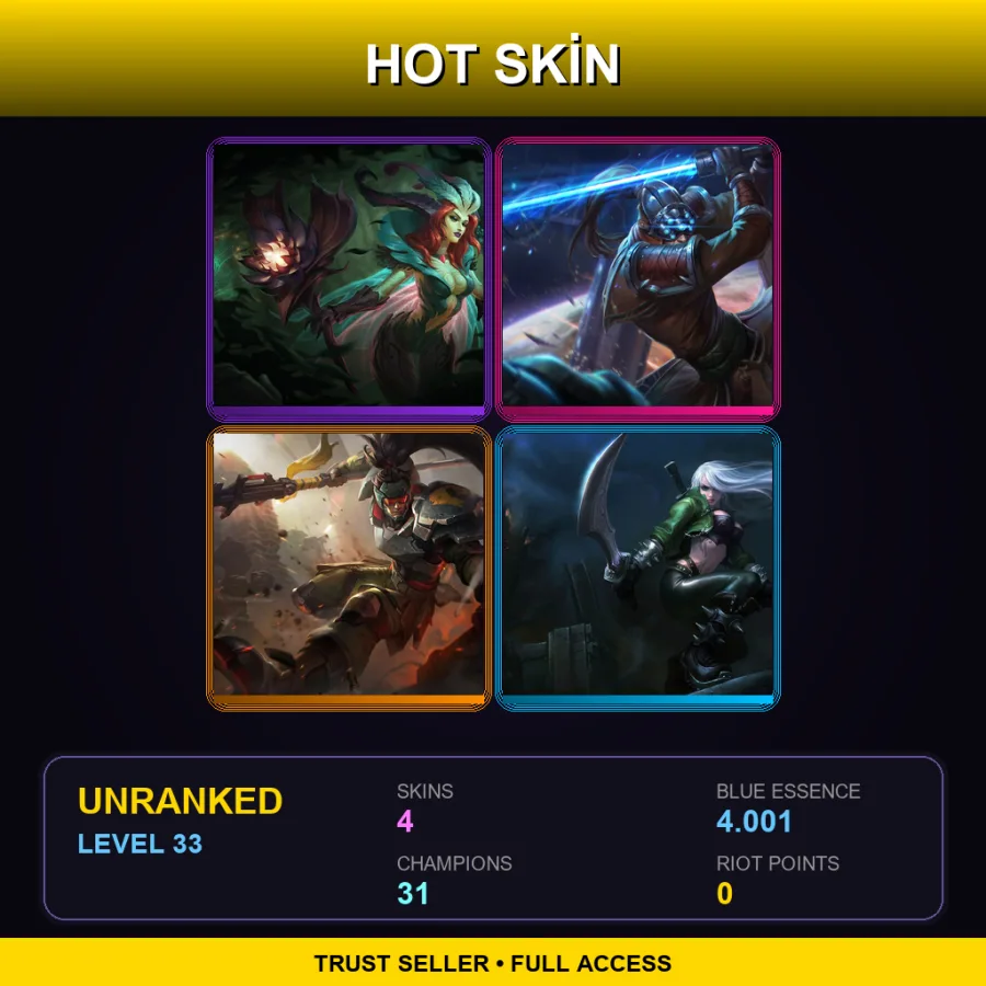 VN | Lv33 | Unranked | 4 Skin | 31 Champ — LoL account