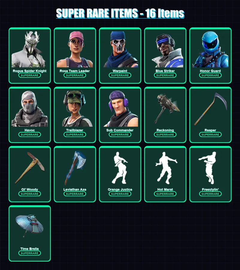 [PC/PSN] | Rogue Spider Knight | Rose Team Leader | Warpaint | Blue Striker | Honor Guard | 125 skin | 140 pickaxe | 107 emote | 117 glider | Lv2046