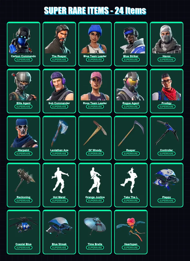 [PC/XBOX] | Carbon Commando | The Reaper | Blue Team Leader | Blue Striker | Havoc | 196 skin | 187 pickaxe | 140 emote | 149 glider | Lv2049