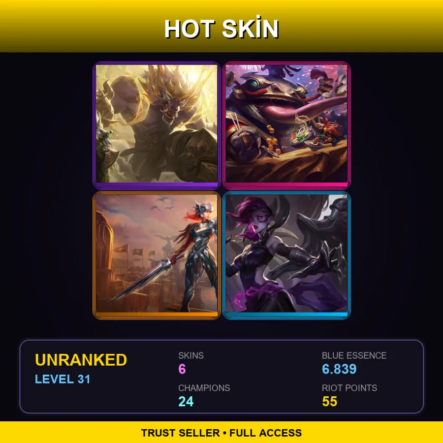 EUW | Lunar Guardian Warwick | Coin Emperor Tahm Kench | Iron Solari Leona | Blade Mistress Morgana | 6 Skin | 24 Champ | Lv31